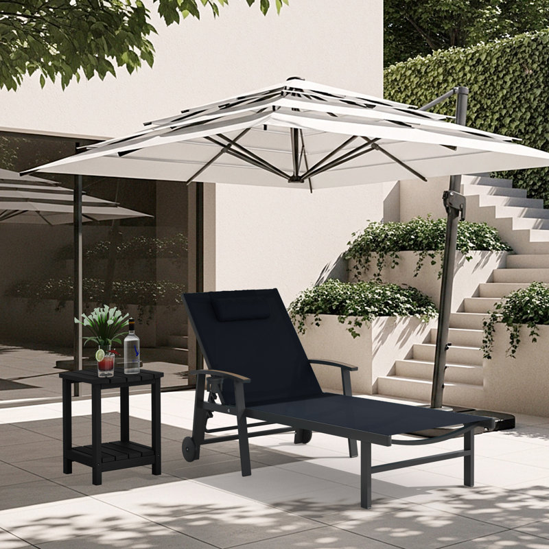 Outdoor Patio Adjustale Chaise Lounge Chair With Wheels And Armrests, Navy Blue