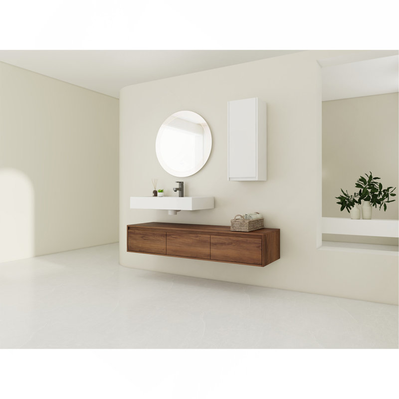 Meuble-lavabo mural de 60 pouces avec lavabo en résine et armoire latérale, 3 tiroirs à fermeture en douceur, fixation flottante