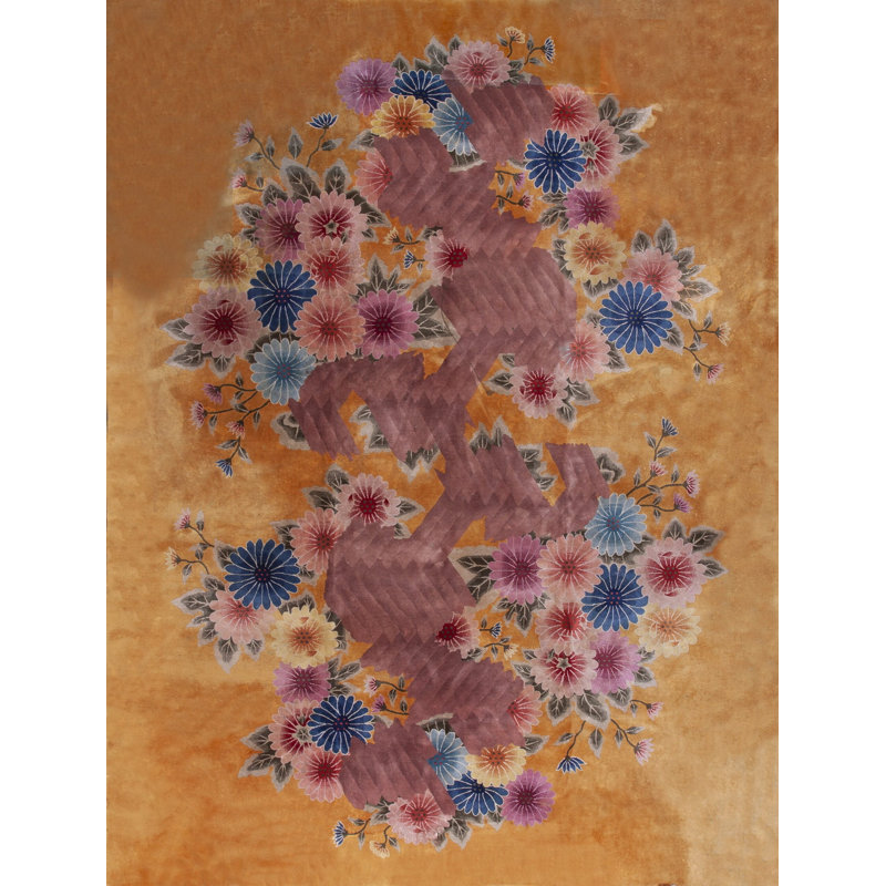 Chinese Knotted Rectangle - Art Deco Yellow Wool 1930s Antique Room Size Rug