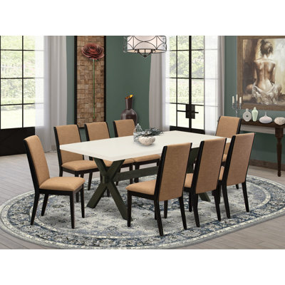 9 Piece Dining Table Set Includes a Rectangle Kitchen Table with X-Legs and 8 Light Sable Linen Fabric Parson Dining Room Chairs, Black