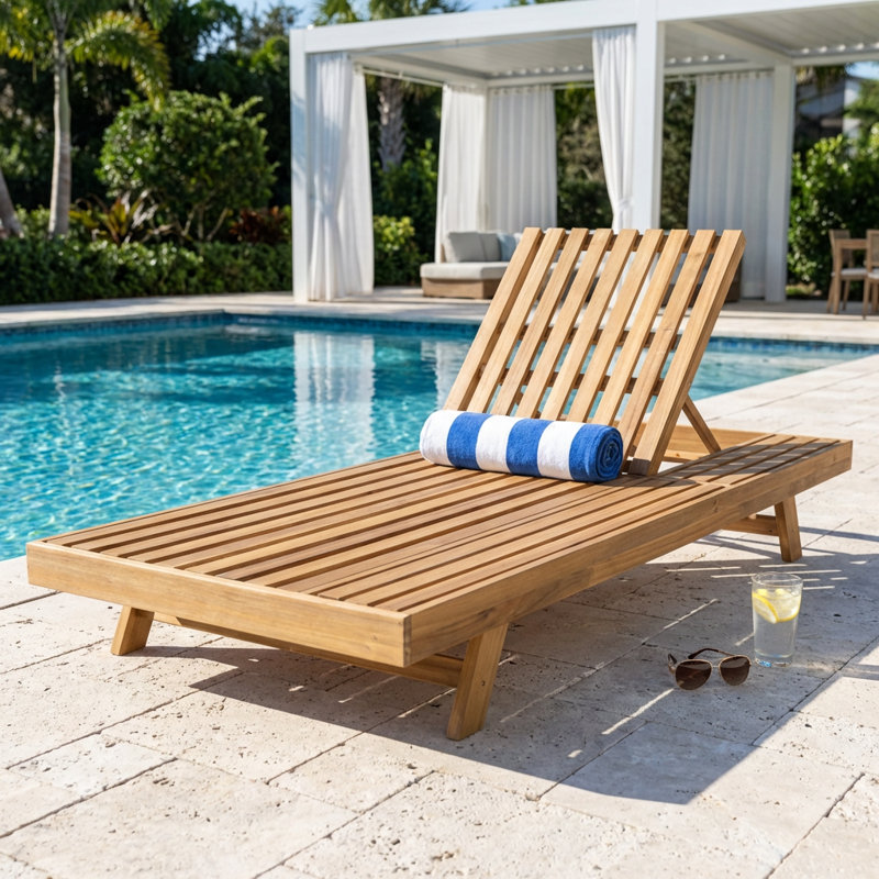 Chaise longue pliable en bois d'acacia massif avec dossier réglable et surface de rangement plane, Brun pâle