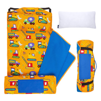 Wildkin Quilted Kids Nap Mat – Soft Microfiber with Pillow & Elastic Straps for School & Travel - Under Construction