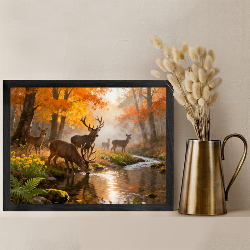Reproduction d'art encadrée noire rétro «The Herd of Deer in the Autumn Forest», H 25 po x l 37 po