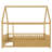 Full Size Floor Wooden Bed With House Roof Frame, Fence Guardrails(Full,Natural)-1667172009