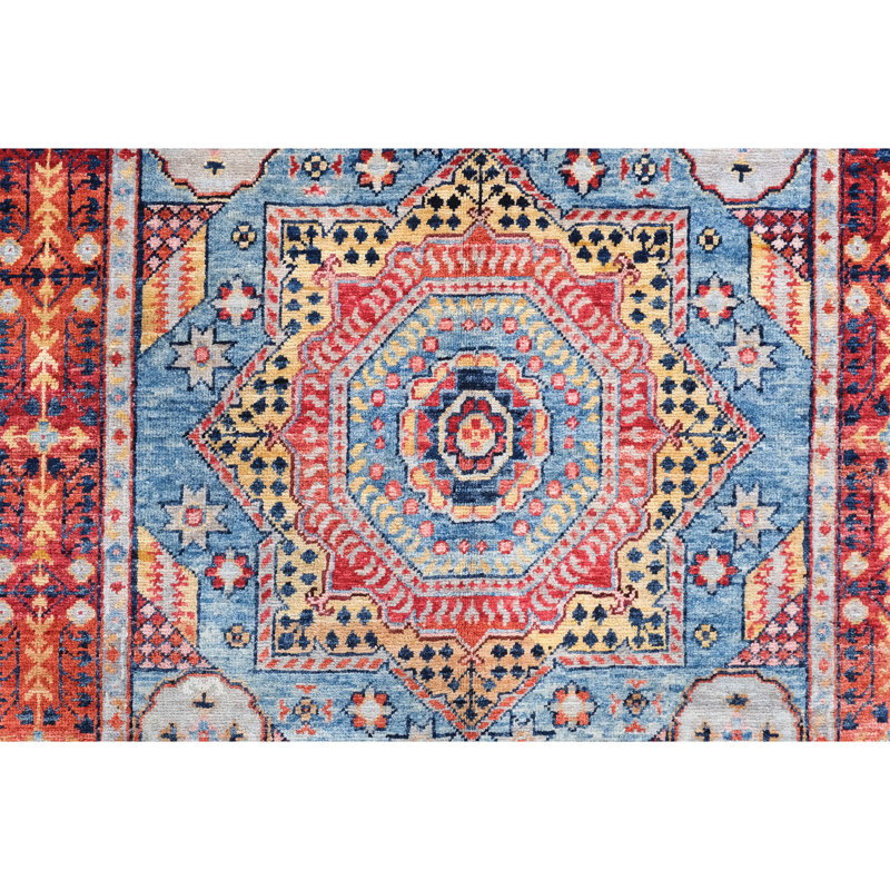 Hand Knotted Wool Area Rug in Blue And Red