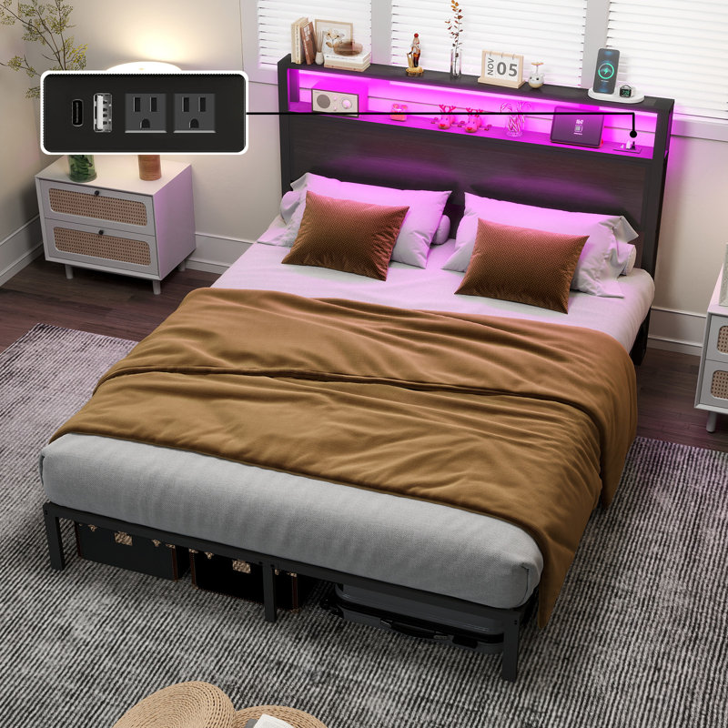 Bed Frame with 2-Tier Storage Headboard, Platform Bed with LED Lights and Charging Station, Underbed Storage Space, Queen