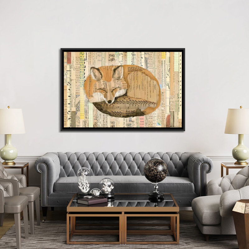 « fox collage iii », impression sur toile tendue, H 18 po x l 26 po x P 1,5 po, Toile avec cadre noir, Pas de tapis