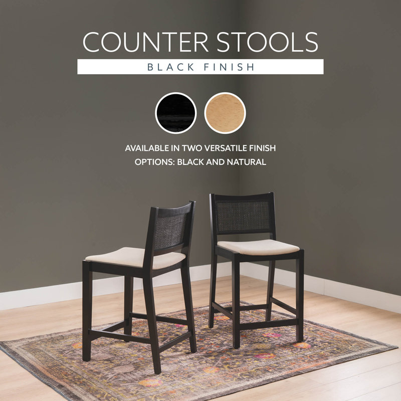 Tabouret carré rembourré avec dossier canne l 19 "Lummie, Tanné, Tabouret de comptoir (siège d'une hauteur de 25,2