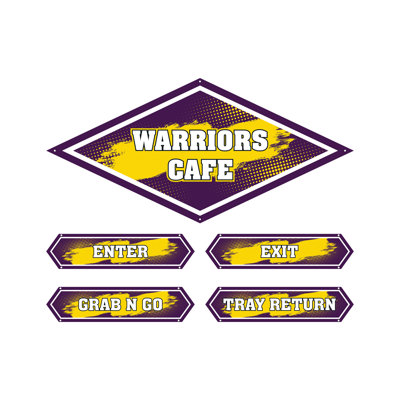 AmTab - Serving-Décor-S02-Q-EC - Serving Area Signage (5 pieces) - Style 2 - Warriors
Café Sign: 24"W x 72"L
Enter Sign:  8.5"W x 36"L
Exit Sign:  8.5"W x 36"L
Grab N Go Sign:  8.5"W x 36"L
Tray Return Sign:  8.5"W x 36"L
