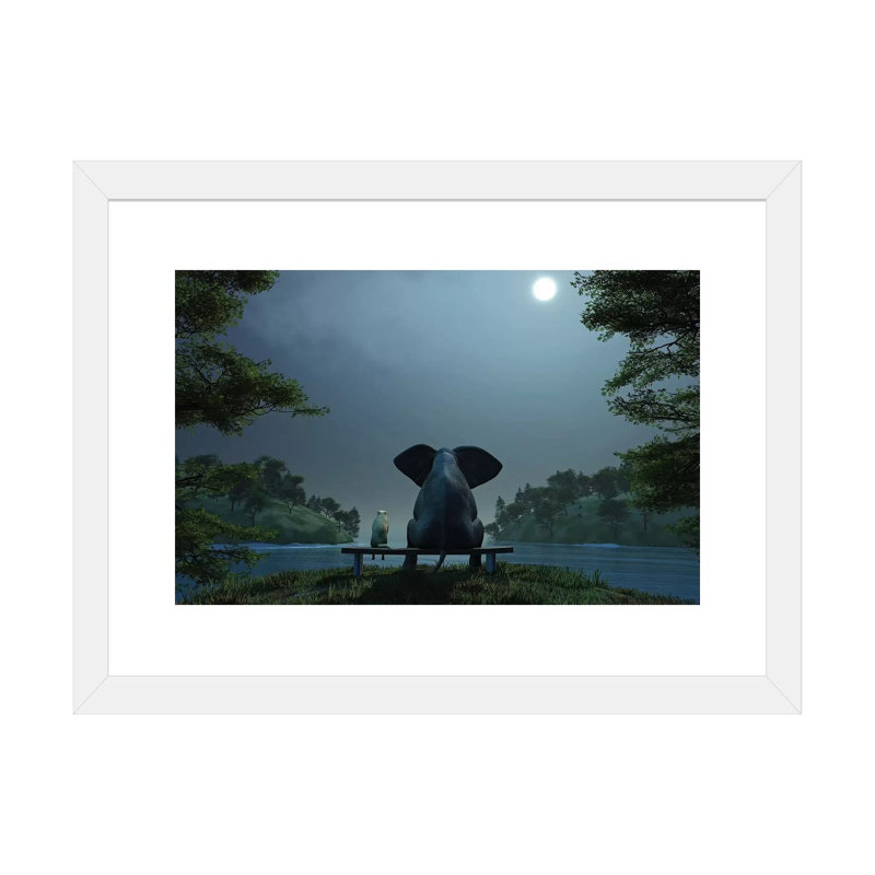 Éléphant et chien la nuit d’été, H 16 po x l 24 po x P 1 po, Papier blanc, Blanc