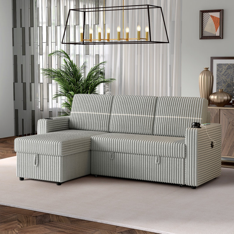Baney Upholstered L-Shaped Sectional, Light Grey Corduroy