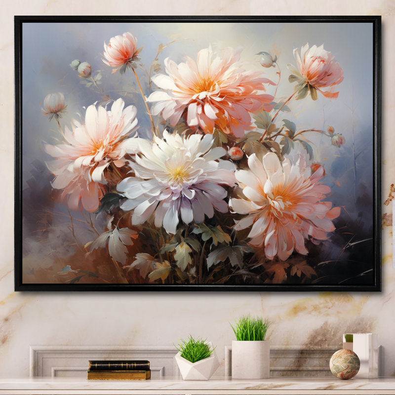 " Peach Chrysanthemums Romantic Impression III ", Black Floater Framed, 34" H x 44" W x 1.5" D