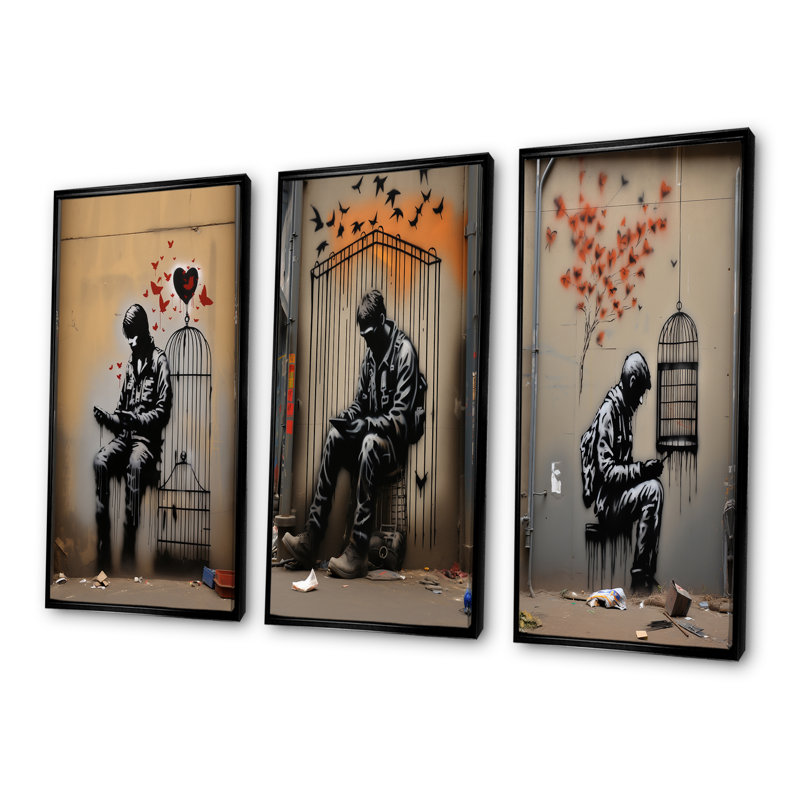 «Black Urban Solitude Pop Street Art I», ensemble de 3 impressions d'art mural Pop Art, Cadre flottant noir