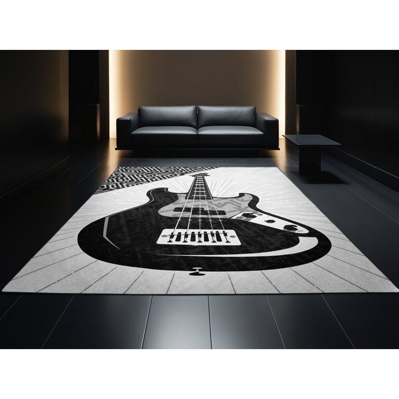 Machine Washable Pacen Electric Bass Modern & Contemporary Geometric Rug in Blue – Black Binding, 2x3