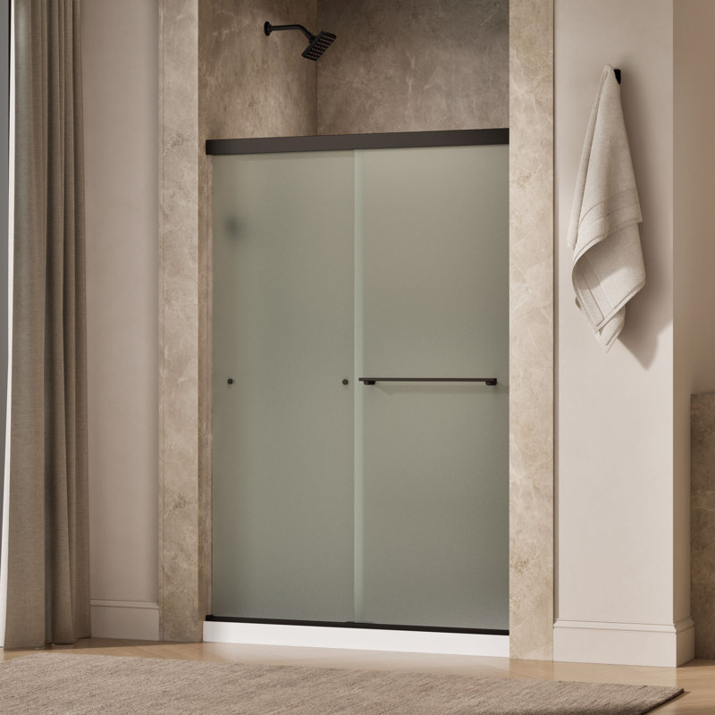 Revel Sliding Shower Door, 70-In H X 44-5/8 - 47-5/8-In W, With 1/4-In Thick Frosted Glass, Anodized Dark Bronze, Frosted