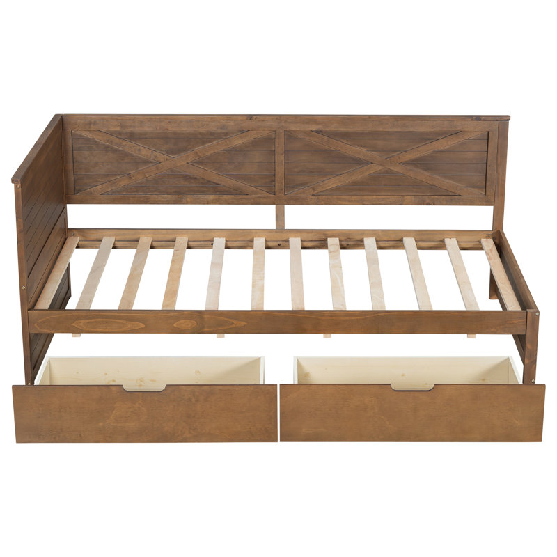 Lit de jour simple en bois avec deux compartiments de rangement et garde-corps rustique, Brun