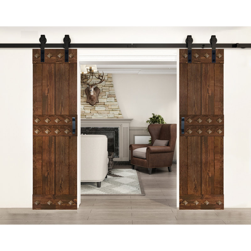 Porte de grange à panneaux et en bois avec quincaillerie d'installation, 60 po x 84 po, Gris Kona