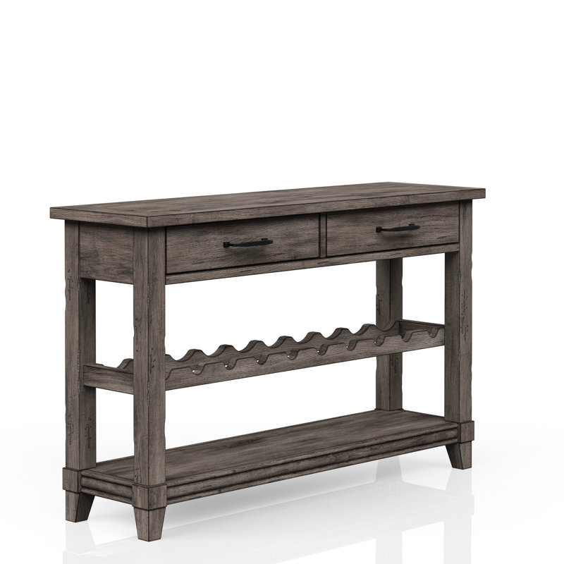 Console rustique grise avec dépôt de bouteilles de vin et pièce de rangement de tiroir
