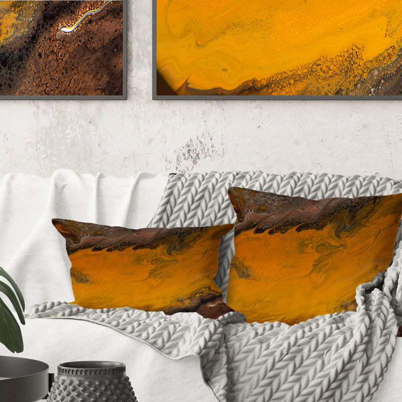 Coussin décoratif orange et noir - vagues modernes en marbre, 16 po x 16 po