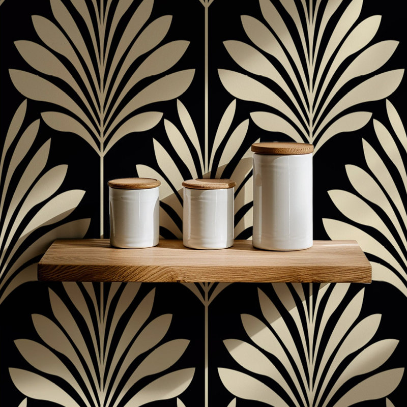 Black Art Deco Palm Leaf Wallpaper