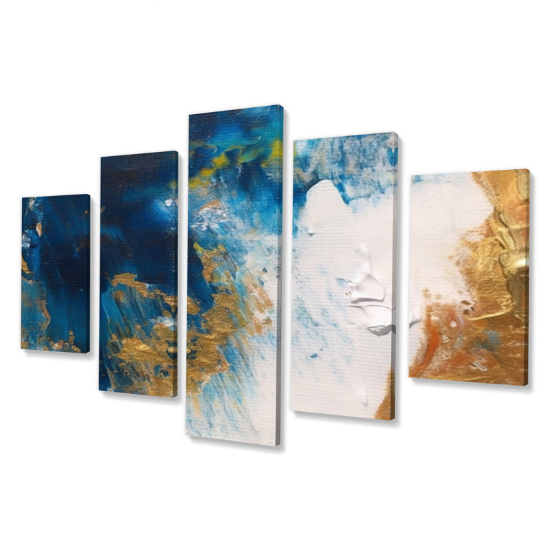 «Ethereal Knowing Royal Blue and Gold II», reproduction sur toile abstraite - 5 panneaux
