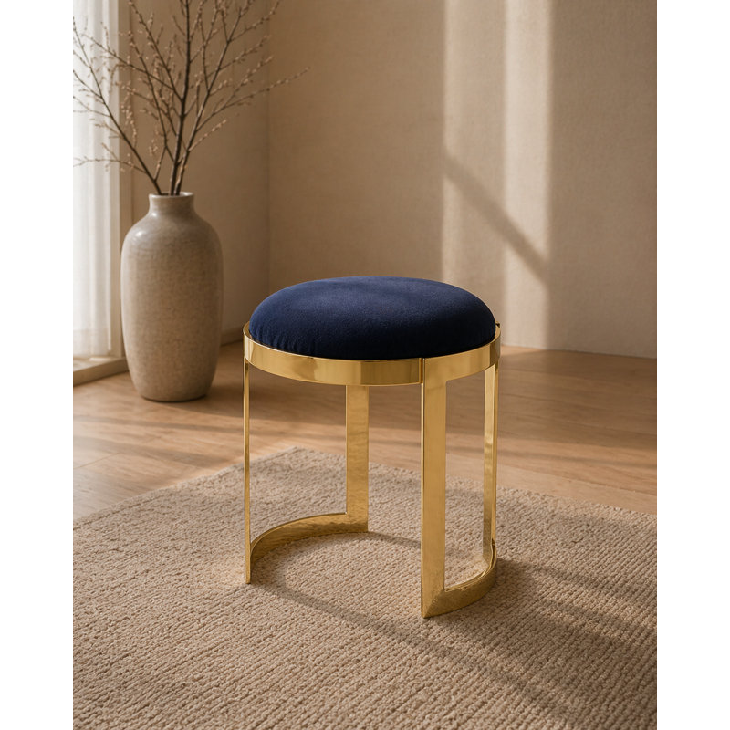 Nouri Metal Vanity Stool - Orion Velvet Ottoman Coffee Table – Modern Round Accent Stool - Gold with Navy Velvet Stool, Gold