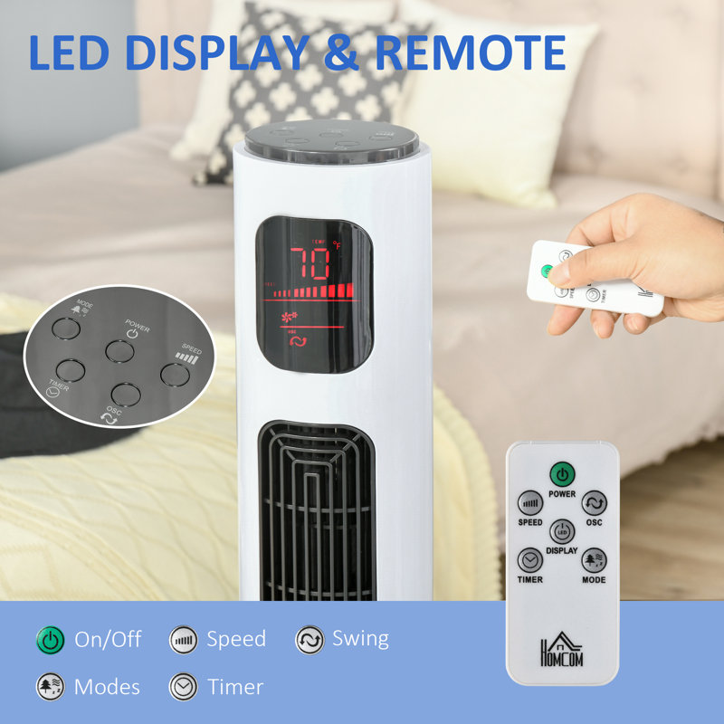Ventilateur tour autoportant HOMcom pour chambre à coucher à domicile avec oscillateur, 3 vitesses, minuterie 12H, panneau de capteur à DEL, télécommande