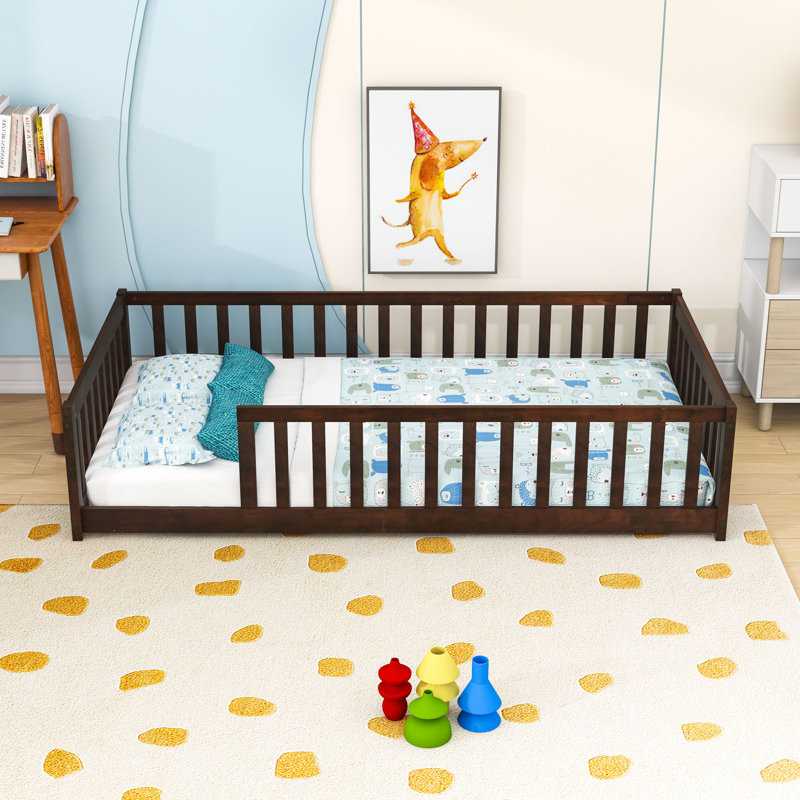 Twin Floor Bed With Safety Guardrails, Espresso