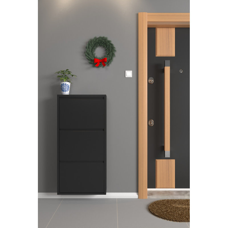 Thara 6 Pair Shoe Storage Metal Cabinet - Tilt-Drawer Wall-Mount Slim Design, Black