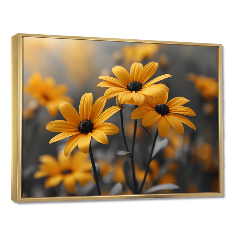 Monochromes jaunes et noirs, fleurs de la forêt I - marguerites, art mural, Cadre flottant doré, H 16 po x l 32 po