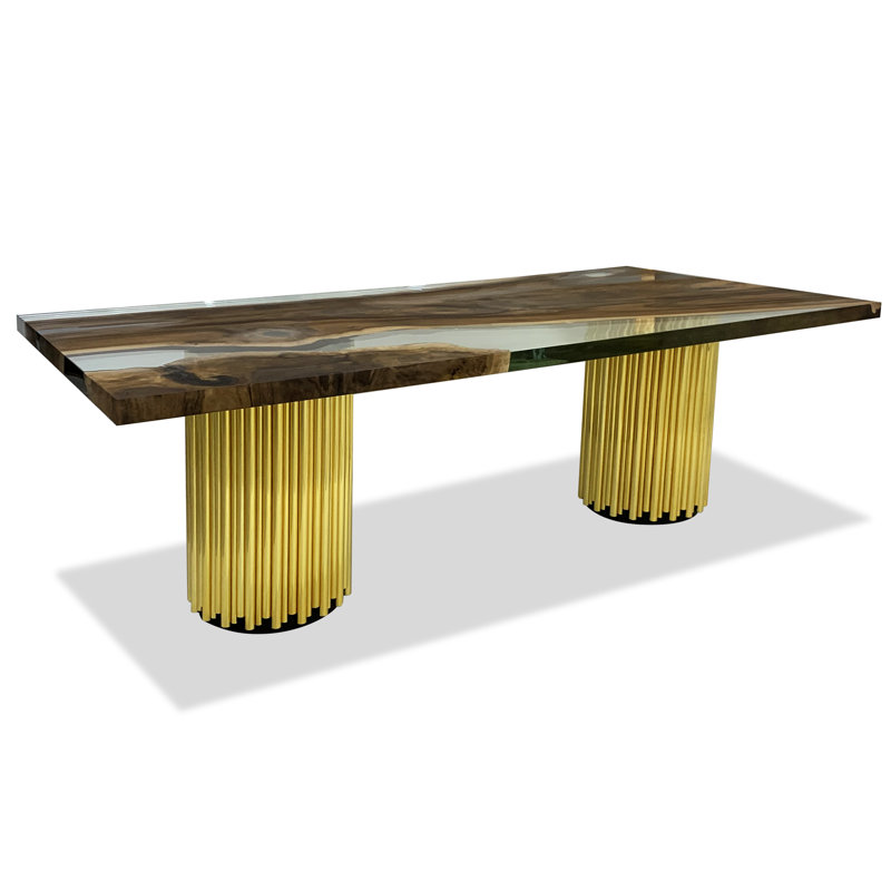 Walnut Metal Base Dining Table, Black/Gold, H75 x L305 x W122cm