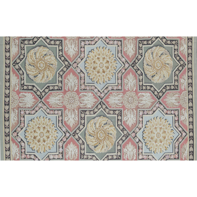 Hand-Knotted High-Quality Green and Rose Area Rug