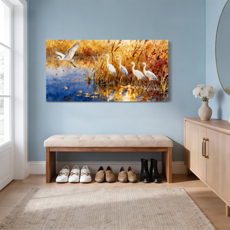 Ensemble de 1 tableau sur toile tendue « Hérons blancs dans un marais d'automne », H 28 po x l 58 po