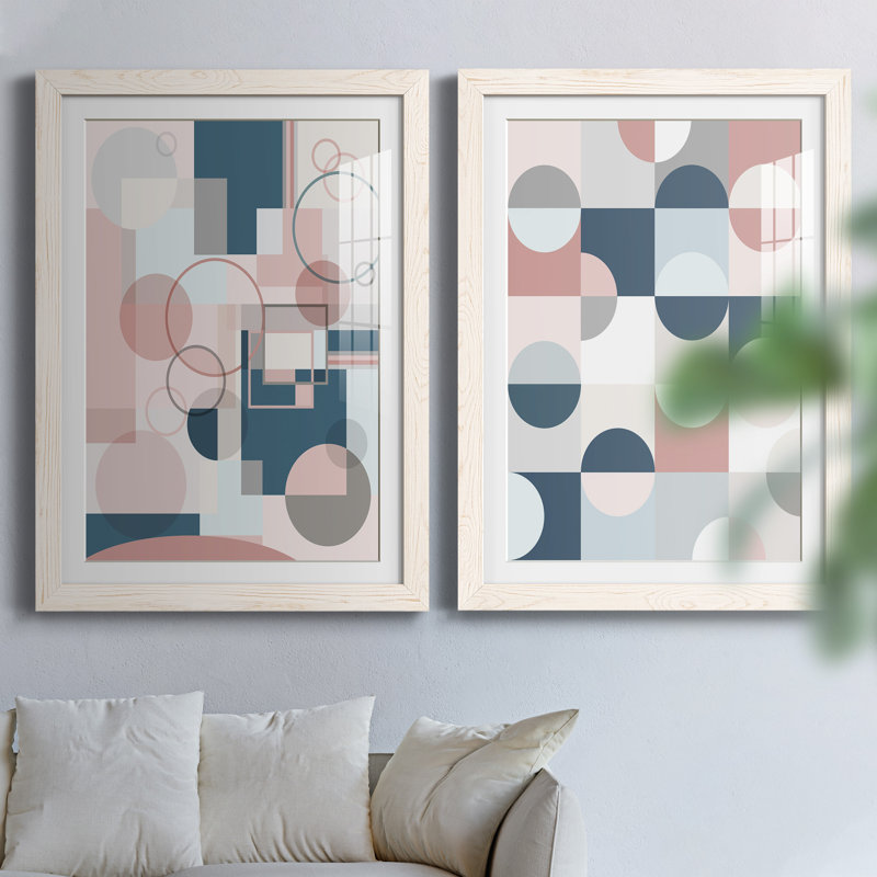 Modern Geo - ensemble de 2 peintures, Papier encadré blanc, H 31,5 po x l 47 po x P 1,5 po