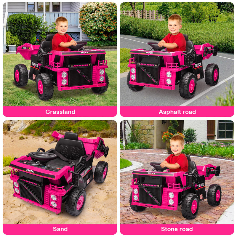 Camion à benne basculante 12V pour enfants - Télécommande, véhicule de construction électrique avec benne basculante, pelle, musique, amortisseur à 4 roues - rose