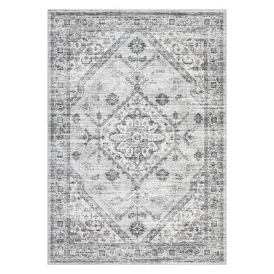 9x12 Vintage Floral Rugs Living Room Rug Stain Resistant Carpet Washable Carpet Non Slip Folding Floor Cover for Bedroom Apartment NurseryLight Grey
