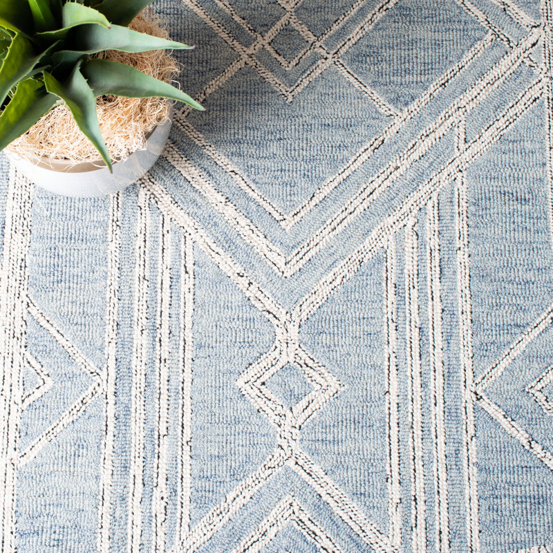 Tapis bleu clair / ivoire en laine et coton touffetés à la main Rosalind, Rond 5 pi