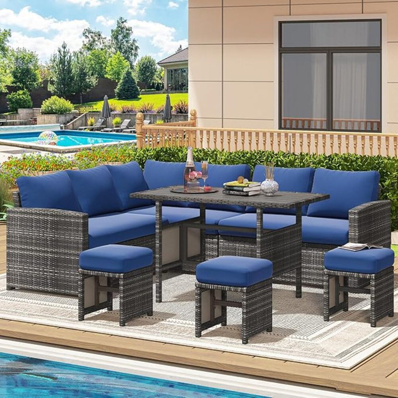 Hinesville 7 Piece Rattan Lounge Dining with Cushions, Grey Frame/Dark Blue Cushion
