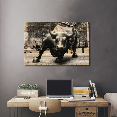 Wall Street Bull Black And White by Unknown Artist - Unframed Graphic Art on Wood