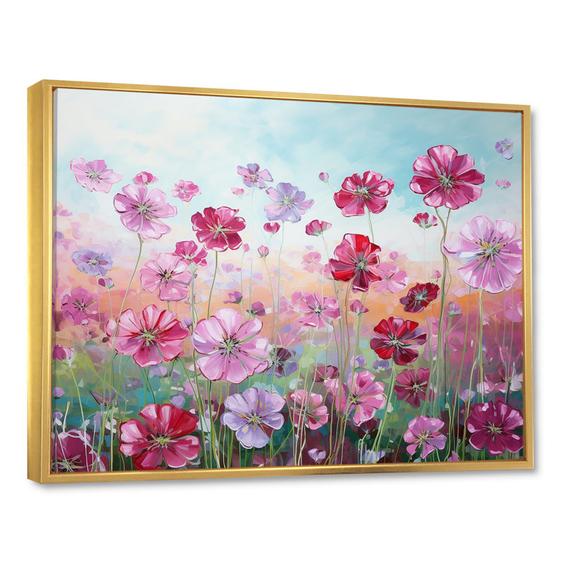 Fleurs de géraniums élégantes sur toile, Cadre flottant doré, H 24 po x l 32 po x P 0,5 po