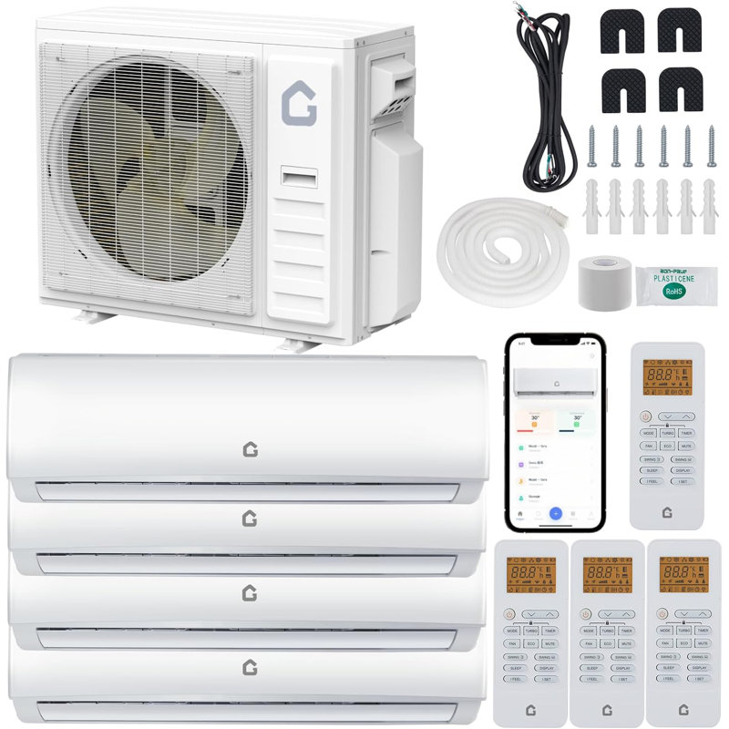 Système de chauffage / climatisation à deux zones 35000 BTU, 19 SEER2 4 zones 9000 + 9000 + 9000 + 12000 BTU Climatiseur sans conduit avec condensateur préchargé