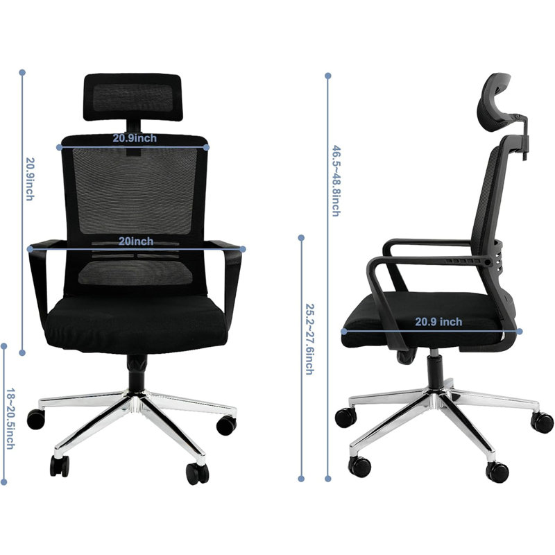 Ergonomic High Back Office Chair - 3-Gear Tilting Backrest, Adjustable Headrest, 400Lbs Capacity (Integrated Metal Base, Swivel Wheels, Breathable Mesh)