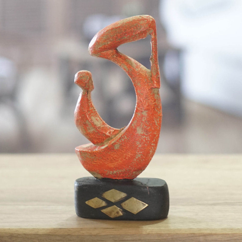 Hand-Painted Orange and Black Wood Sculpture with Brass Accents