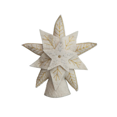 Handmade Wool Felt Star Tree Topper With Metallic Gold Thread Embroidery