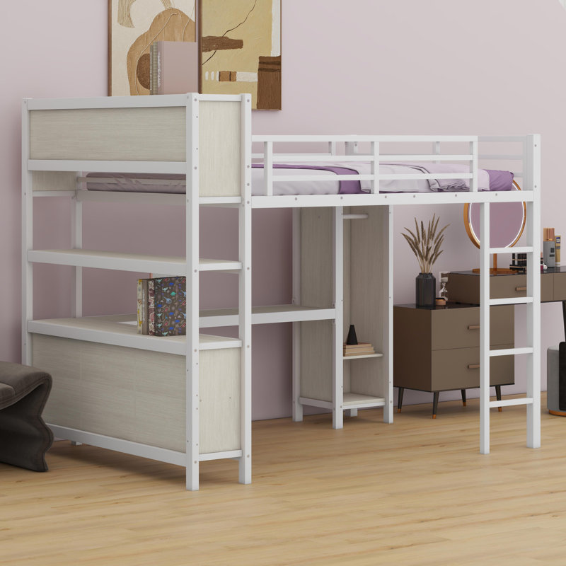 Lit mezzanine peu encombrant avec placard intégré, bureau d'étude et cubes d'organisation, Grain droit blanc