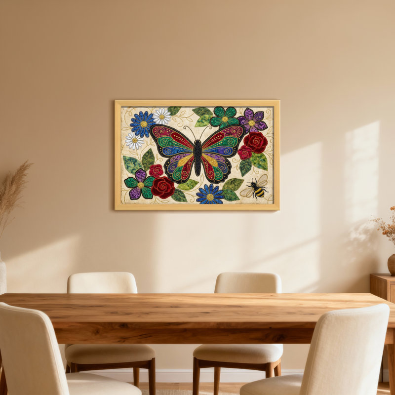 Motif floral animaux avec abeille, H 24 po x l 36 po, Toile tendue, Ne s’applique pas