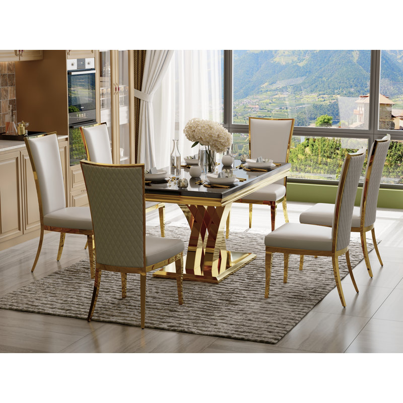 Ensemble de table de salle à manger de luxe 7 pièces en or avec 6 chaises en cuir blanc, 7 pièces : table, 6 chaises