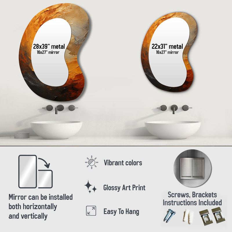 Eymundur Gold Orange Desert Mirage Spiral I - Abstract Spirals Unique Shape Mirror, Gold Asymmetrical Unique Wall Mirror, Printed Metal Art
