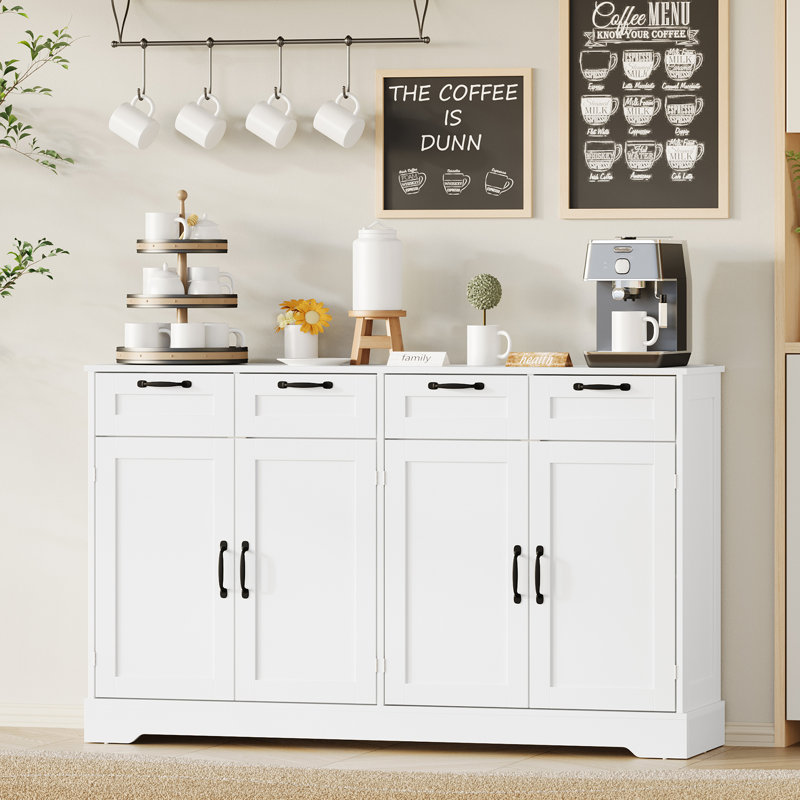 Buffet 58,7 pouces, crédence de rangement blanche avec station de charge, 4 tiroirs et 4 portes