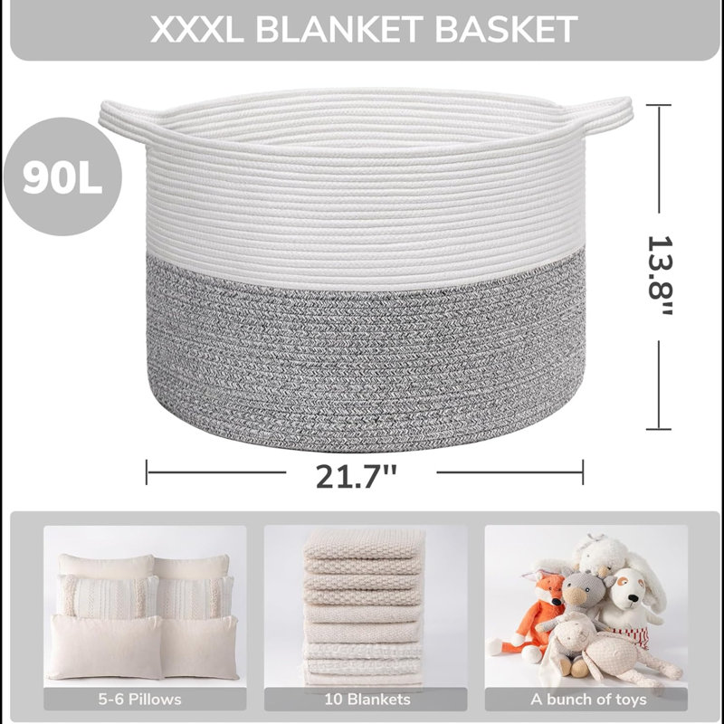 Extra Large Woven Baskets For Storage, 21.7'' X 13.8'' Wicker Basket With Handle For Blankets, Big Laundry Baskets For Clothes, Pillows, Towel, Shoe Basket For Entryway, 90L Jute